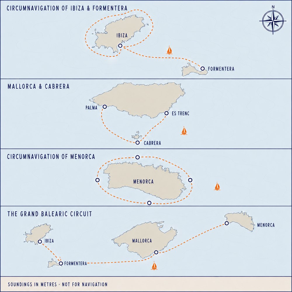 Passage chart of the Balearic Islands in four panels: circumnavigation of Ibiza and Formentera; Mallorca and Cabrera via Palma and Es Trenc; circumnavigation of Minorca; and the Grand Balearic Circuit linking all four islands