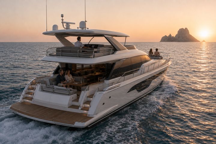 Skipper at the flybridge helm of a motor yacht at sunset, guests relaxing on the aft deck